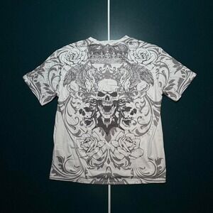 Vintage Y2K Skull‎ All Over Print T Shirt Large White Black Double Sided Grunge